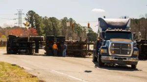 Turned over semi truck