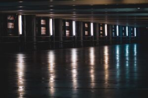 A garage with a very wet floor