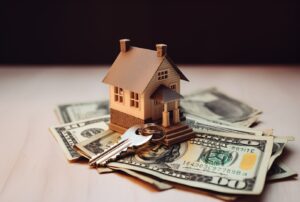 Miniature model of a house on top of some money and a house key.