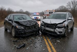 Two cars severely damaged in a head-on crash on a wet road, with an ambulance and police lights in the distance.