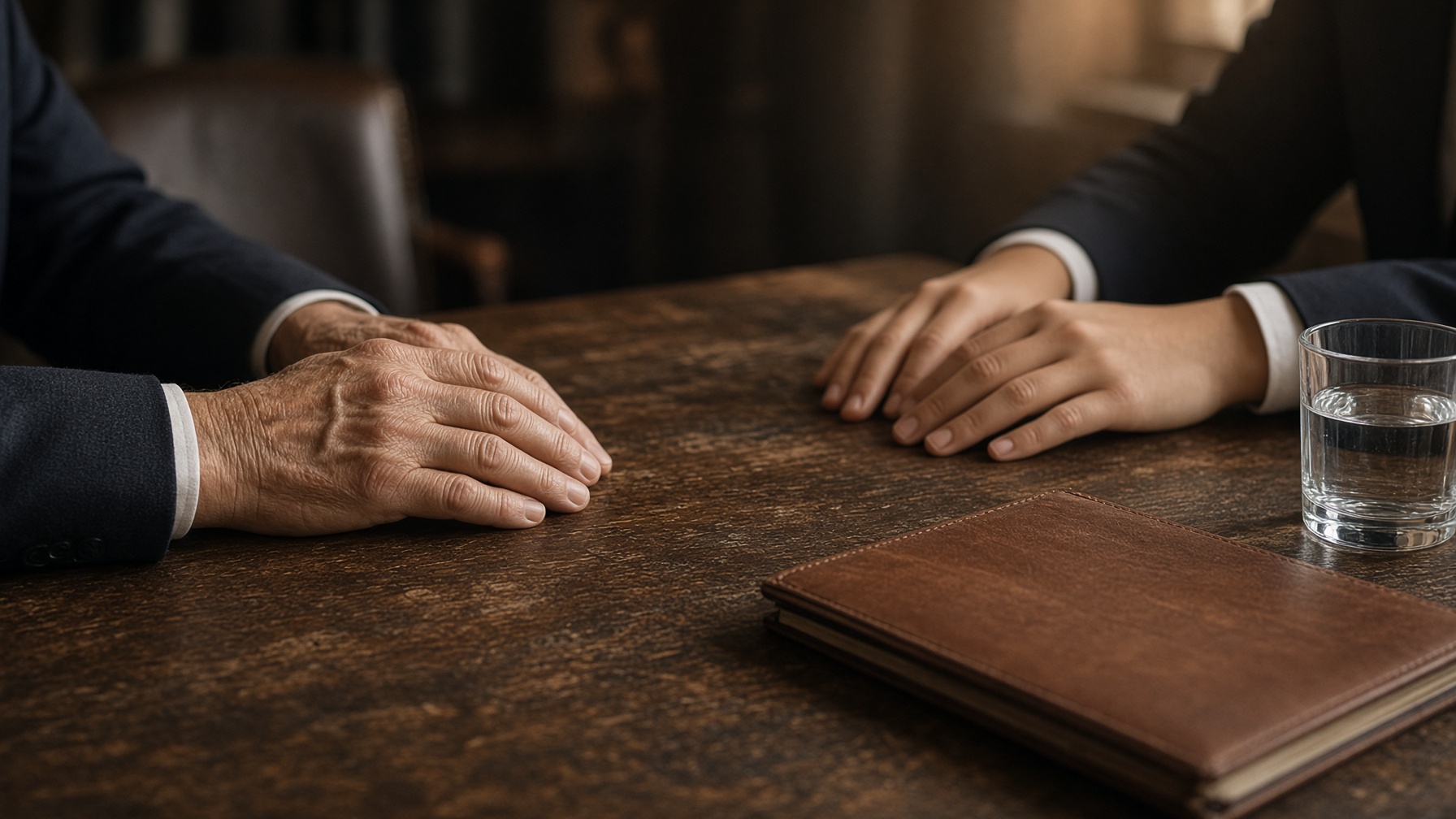 A quiet consultation at a walnut conference table