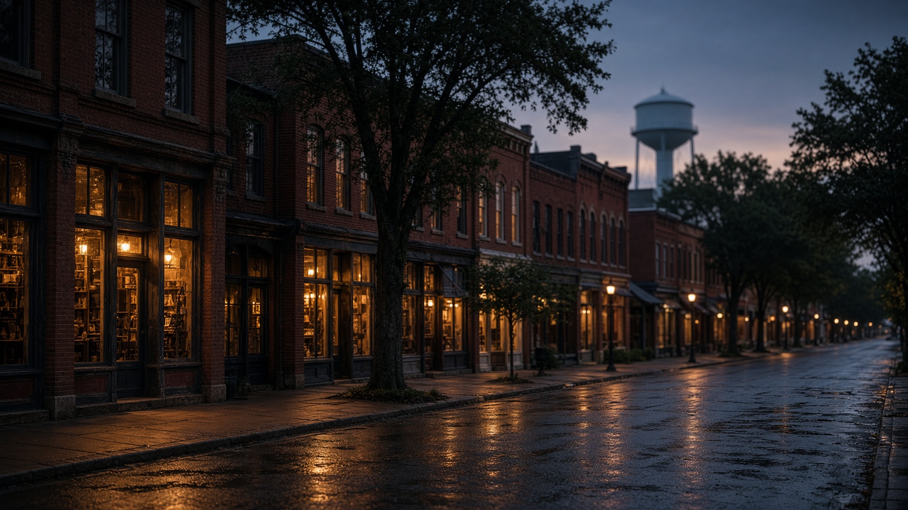 Dusk on a quiet brick downtown street in North Alabama